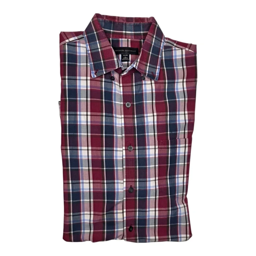 Banana Republic Linen Shirt Mens‎ Large Red Plaid Button Up made in Bangladesh